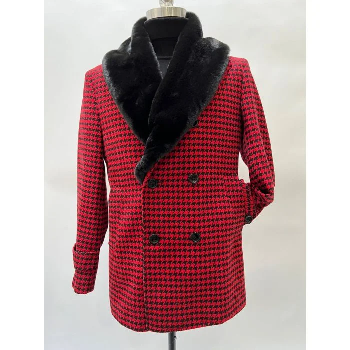 Street Gear Mens Red Fur Collar Plaid Overcoat - Hounstooth Checker Pattern Topcoat