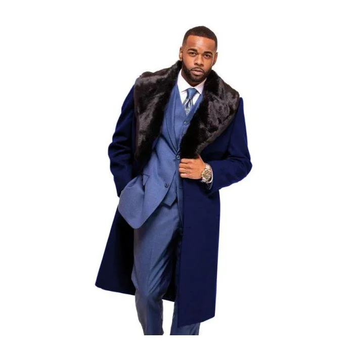 Comfy Outerwear Navy Blue Overcoat ~ Long Mens Dress Topcoat - Winter Coat With Fur Collar