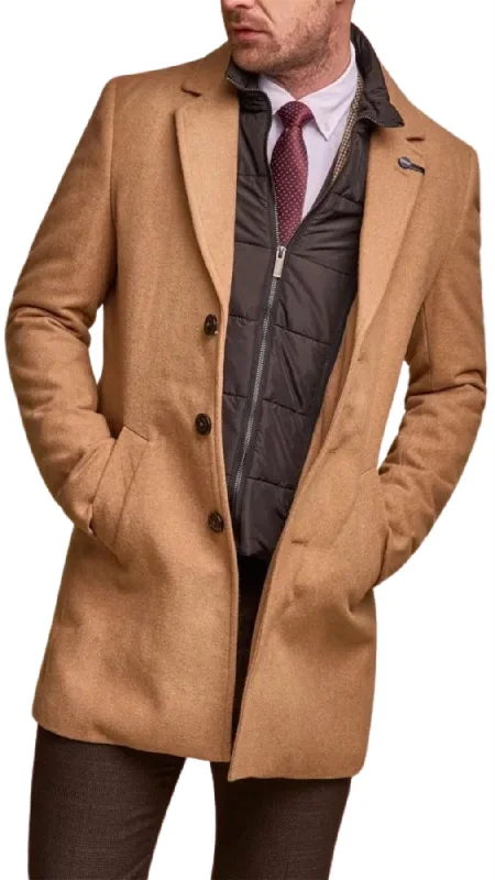 Functional Layers Men's Camel Overcoat Wool Blend Classic Trench Coat Winter Jacket