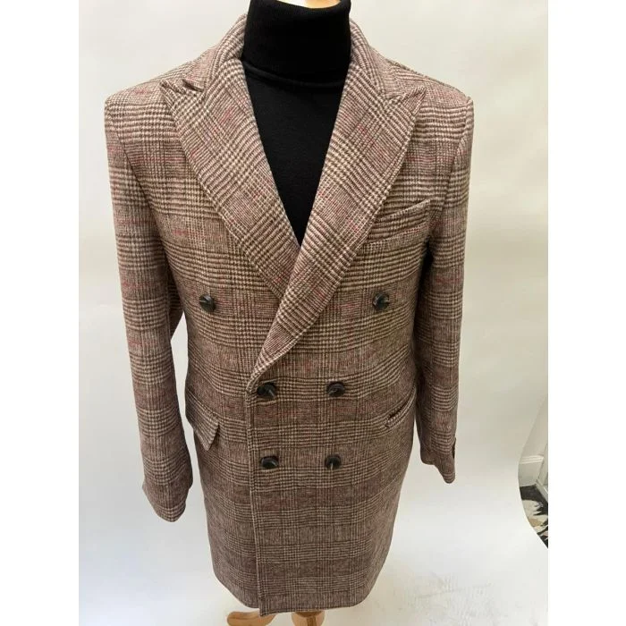 Outdoor Clothing Brown Mens Plaid Overcoat - Hounstooth Checker Pattern Topcoat