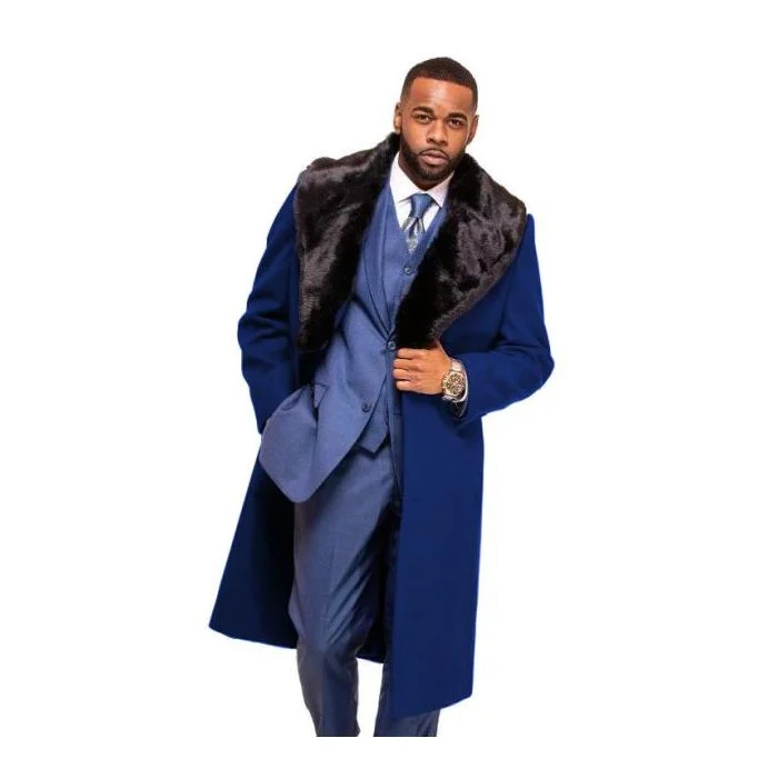 Functional Layers Mens Navy Blue Overcoat ~ Long Dress Topcoat - Winter Coat With Fur Collar