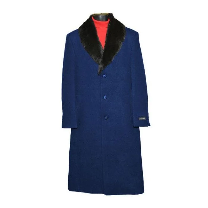 Everyday Denim Mens Dress Coat Fur Collar Navy Blue Full Length Overcoat ~ Long Mens coat