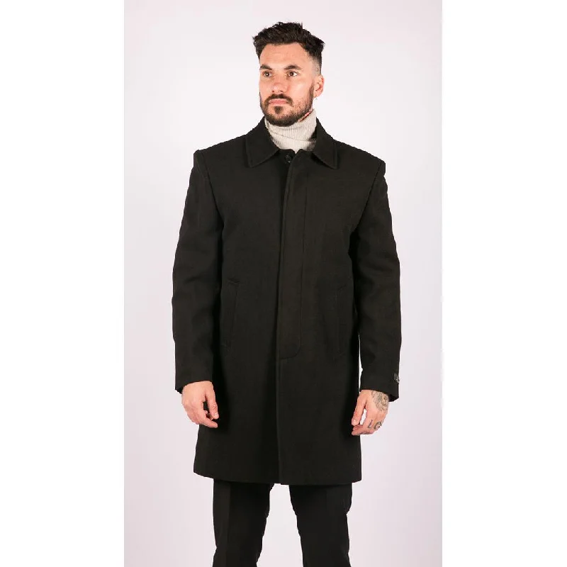 Relaxed Denim Mens Black Wool Overcoat Jacket Smart Formal 3/4 Trench Retro Vintage 1920s