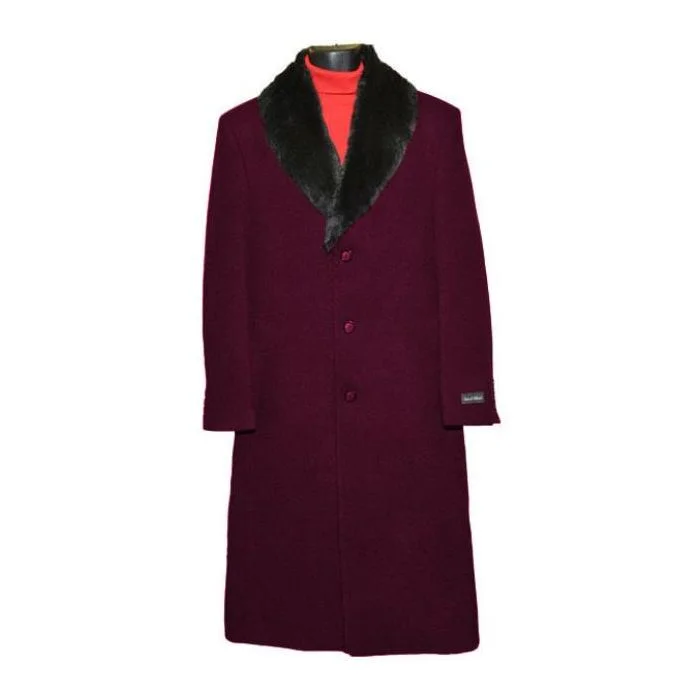 Cozy Basics Mens Dress Coat Fur Collar Dark Burgundy Full Length Overcoat ~ Long Mens coat