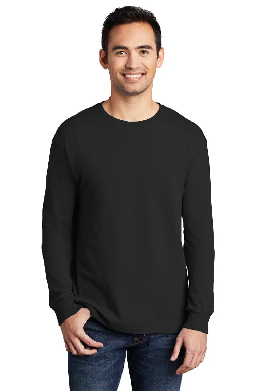 Everyday Apparel Port & Company Mens Beach Wash Long Sleeve Crewneck T-Shirt - Black