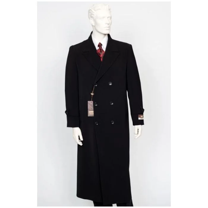 Active Essentials Full Length Mens Double Breasted Wool Overcoat - Black Topcoat