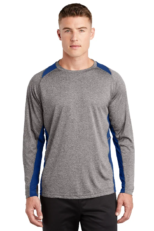 Active Wear Sport-Tek Mens Contender Heather Moisture Wicking Long Sleeve Crewneck T-Shirt - Heather Vintage Grey/Royal Blue