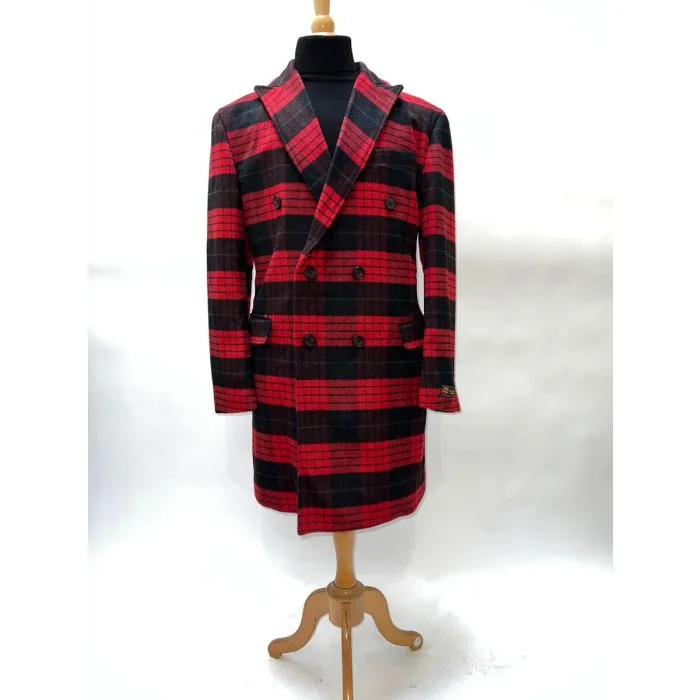 Functional Tops Mens Red Plaid Overcoat - Wool Peacoat - Plaid Topcoats