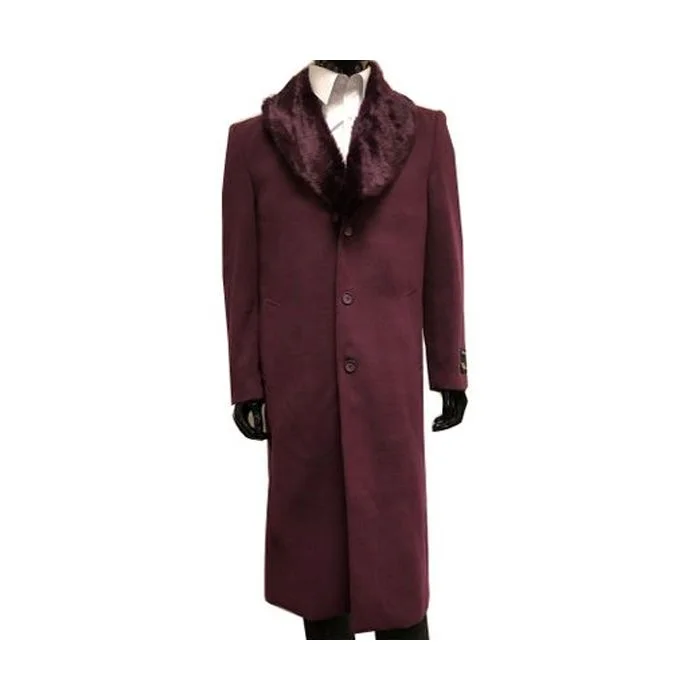 Cool Jackets Mens Burgundy Wool coat And Overcoat With Fur Collar