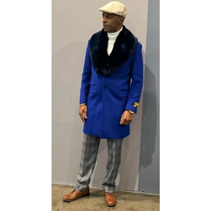 All-Weather Wear Mens Royal Blue Overcoat With Fur Collar - Royal Blue Wool Topcoat