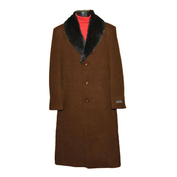 Active Tops Mens Dress Coat Brown Removable Fur Collar Wool Full Length Overcoat