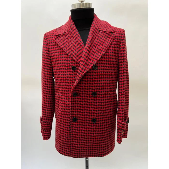 Practical Looks Mens Red and Black Plaid Overcoat - Wool Peacoat - Plaid Topcoats