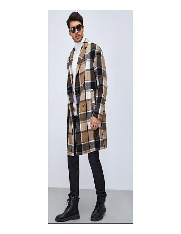 All-Season Outfits Mens Plaid Overcoat - Wool Peacoat - Camel Plaid Topcoats