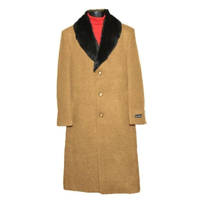 Street Fashion Mens Dress Coat Fur Collar Camel Wool Full Length Overcoat ~ Long Men's coat