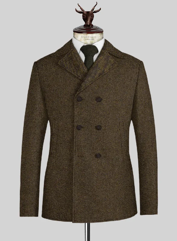 Outdoor Essentials Bottle Brown Herringbone Tweed Pea Coat