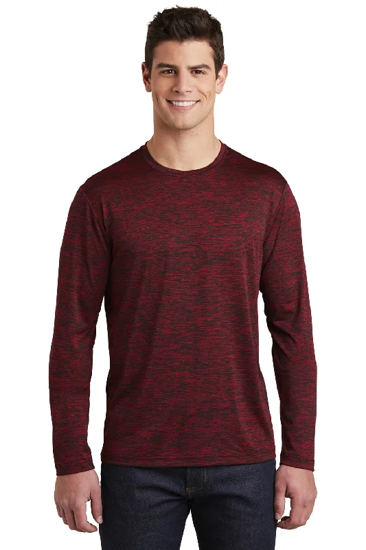 Warm Wear Sport-Tek Mens Electric Heather Moisture Wicking Long Sleeve Crewneck T-Shirt - Deep Red Black Electric