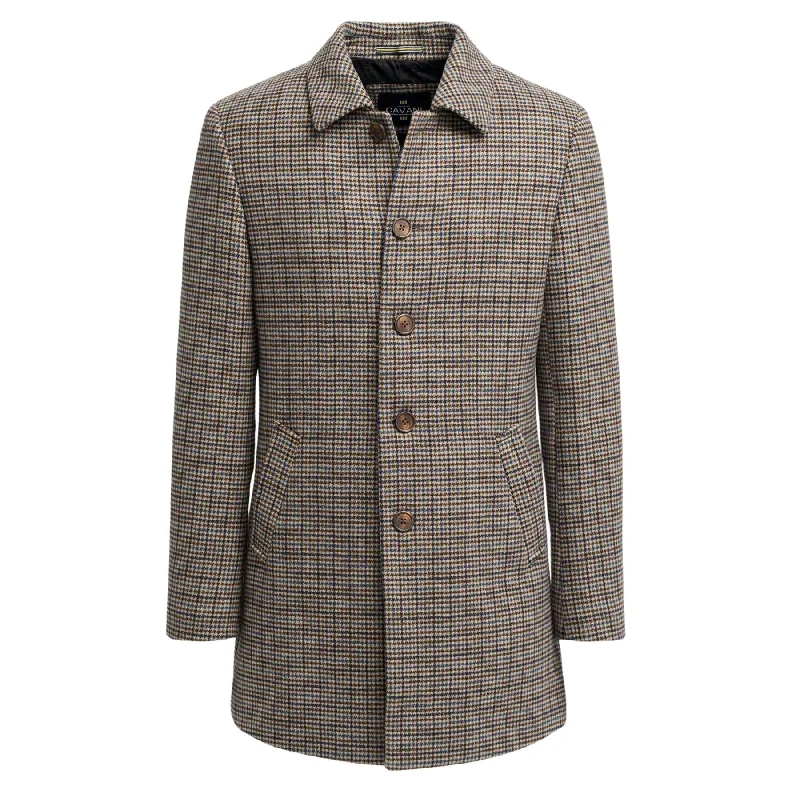 All-Weather Wear Men's Tan Brown Wool Blend Overcoat Jacket Dogtooth Tweed Coat