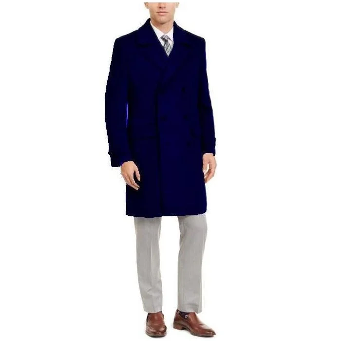 Cozy Apparel Mens Mid Length Navy Blue Wool Overcoat