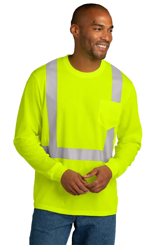 Street-Friendly Wear CornerStone Mens ANSI 107 Class 2 Moisture Wicking Long Sleeve Crewneck T-Shirt w/ Pocket - Safety Yellow