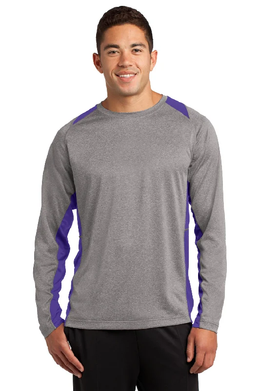 Casual Knitwear Sport-Tek Mens Contender Heather Moisture Wicking Long Sleeve Crewneck T-Shirt - Heather Vintage Grey/Purple - Closeout