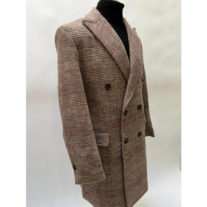 Lightweight T-shirts Mens Tan Plaid Overcoat - Wool Peacoat - Plaid Topcoats