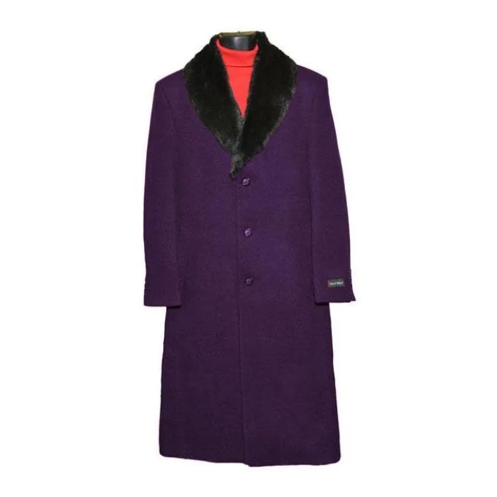 Casual Sneakers Mens Dress Coat Fur Collar Dark Purple Full Length Overcoat ~ Long Mens coat