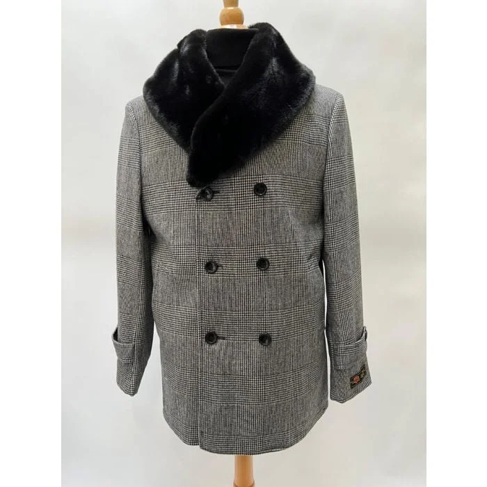 Premium Fit Mens Plaid Overcoat - Grey Wool Peacoat - Plaid Topcoats