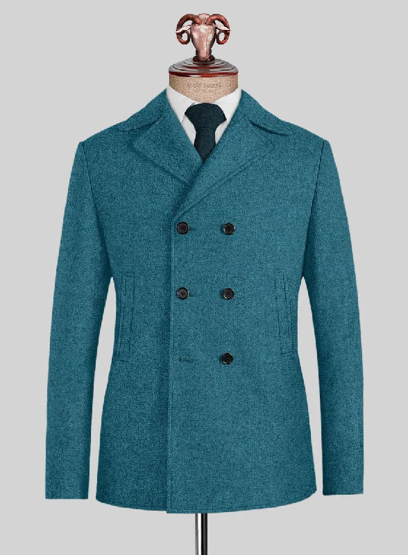 Comfortable Wearables Naples Teal Blue Tweed Pea Coat