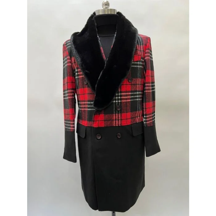 Versatile Wardrobe Mens Red and Black Plaid Overcoat - Hounstooth Checker Pattern Topcoat