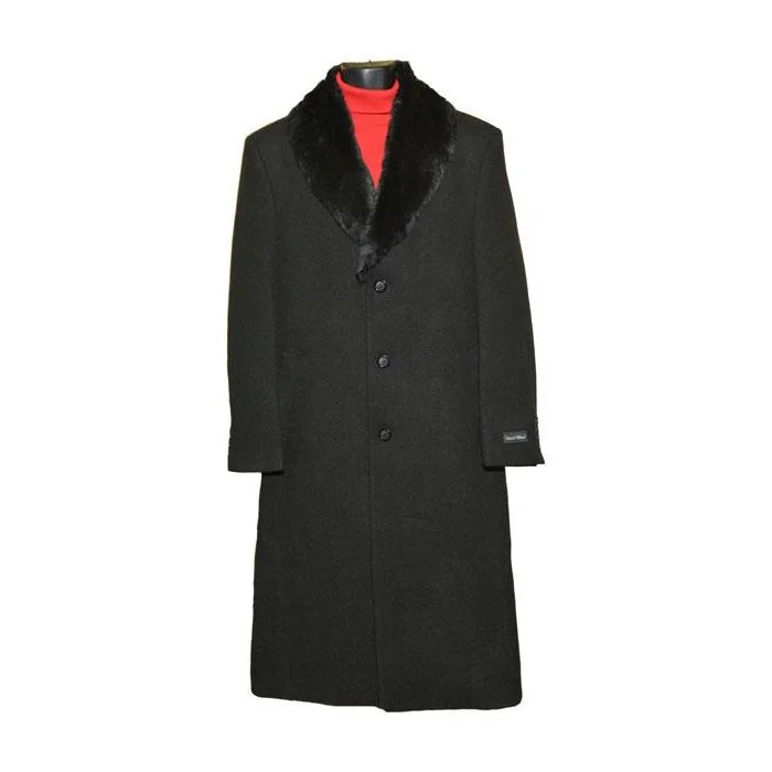 Urban Wear Mens Dress Coat Black Fur Collar Black Wool Blend Full Length Overcoat