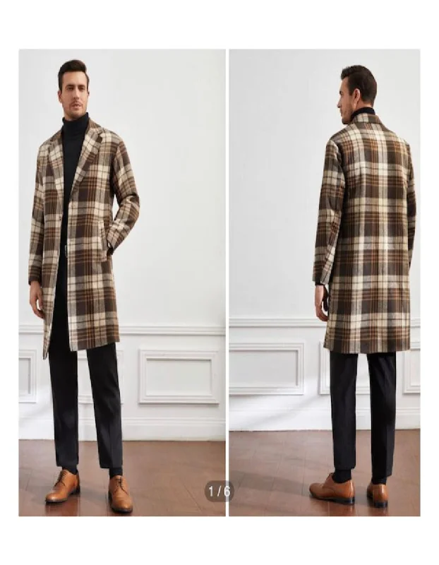 Relaxed Casuals Mens Camel Plaid Overcoat - Hounstooth Checker Pattern Topcoat