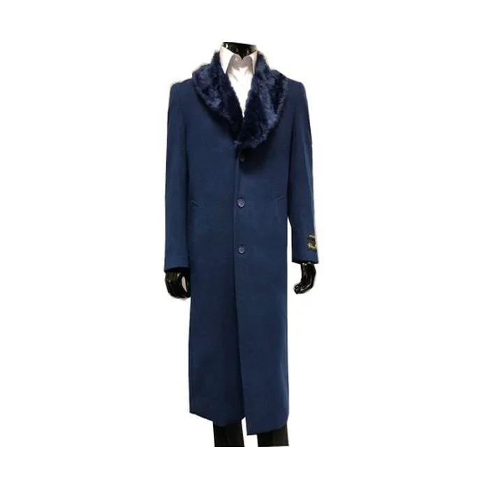 Street Casuals Mens Wool Overcoat With Fur Collar Navy Blue Topcoat