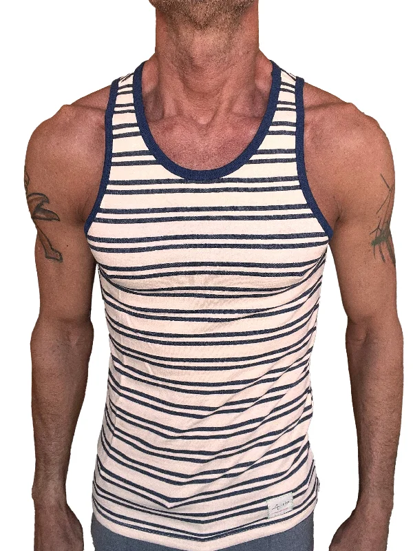 Comfy Sweaters Yummy Nautical Fleece Sustain Tank Top (Navy Stripe)