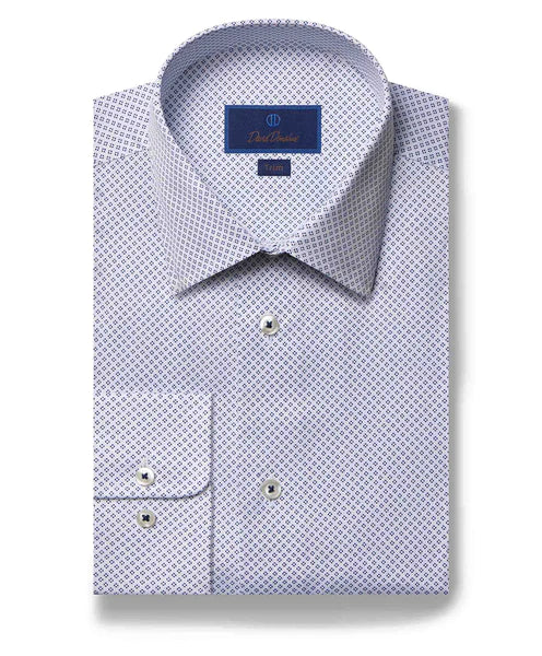 Everyday Comfort David Donahue Dress Shirt - White/Navy Geometric Print (Trim)