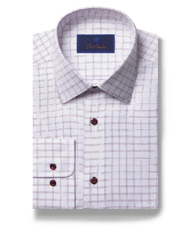 Relaxed Denim David Donahue Dress Shirt - White/Merlot Herringbone Windowpane (Regular Fit)