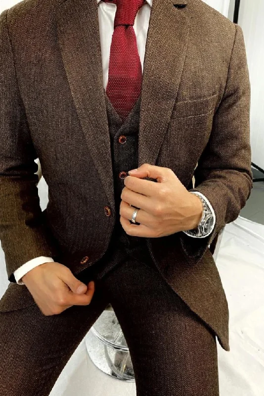 Active Essentials Men Tweed Suit Brown Winter Wedding Suit Three Piece Slim Fit Suit Groomsmen Suit Bespoke Tailoring