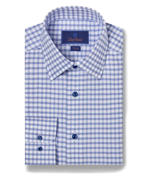 Smart Casual Wear David Donahue Blue & White Herringbone Check Dress Shirt (Trim Fit)