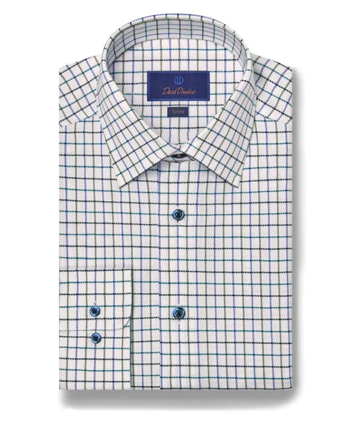 Easy Fit David Donahue White & Green Windowpane Dress Shirt