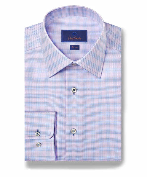 Casual Denim David Donahue Sky & Berry Twill Check Dress Shirt (Trim Fit)