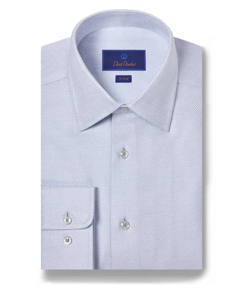 Cozy Essentials David Donahue White & Blue Herringbone Dress Shirt (Trim Fit)