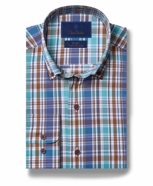 Comfy Sweaters David Donahue Fusion Shirt - Navy and Teal Plaid