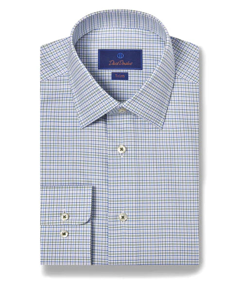 Relaxed Wearables David Donahue Grass & Blue Twill Check Dress Shirt (Trim Fit)