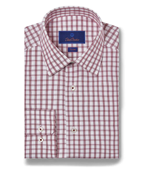 Functional Tops David Donahue Trim fitWhite & Merlot Dobby Windowpane Dress Shirt