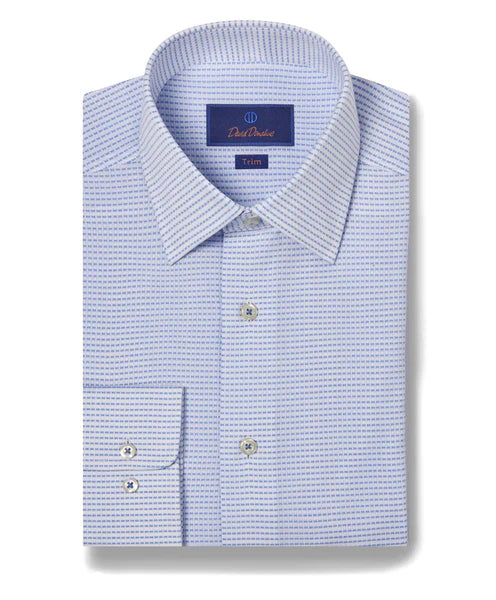 Casual Essentials David Donahue White & Blue Horizontal Dobby Dress Shirt (Trim Fit)