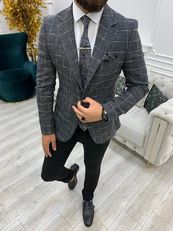 Serra Gray Slim Fit Plaid Blazer