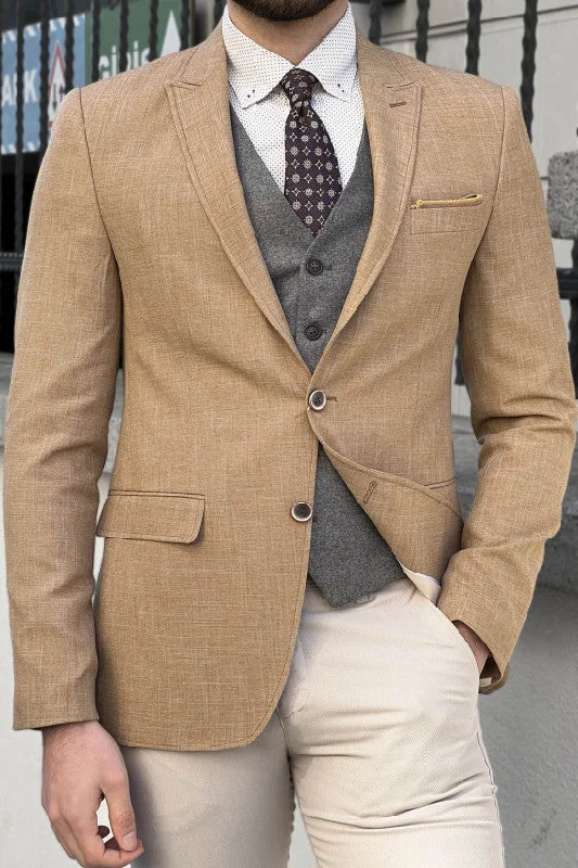 Slim Fit High Quality Self Patterned Linen Mustard Jacket