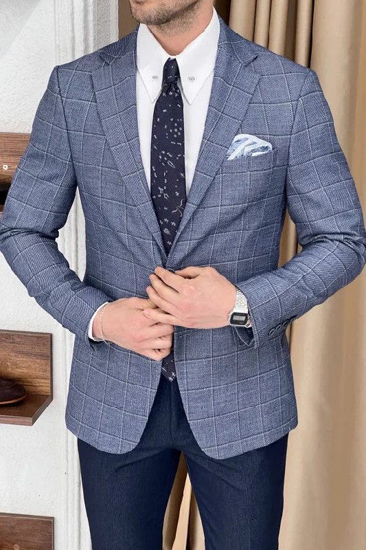 Slim Fit Mono Collar Plaid Blue Jacket