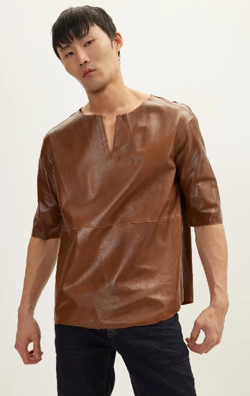 The Lambskin Leather Three Quarter V Neck Shirt  - Brown