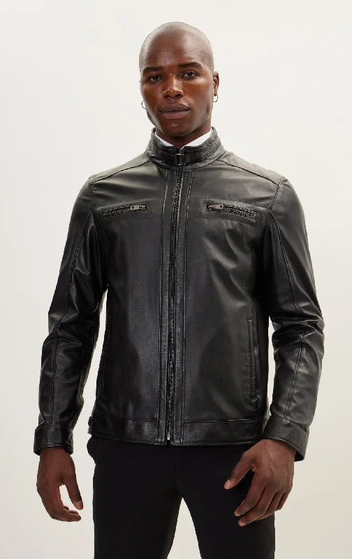 Cafe Racer Leather Jacket - Black