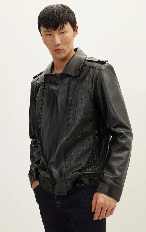 Snakeskin Embossed Side Panels Leather Jacket - Black